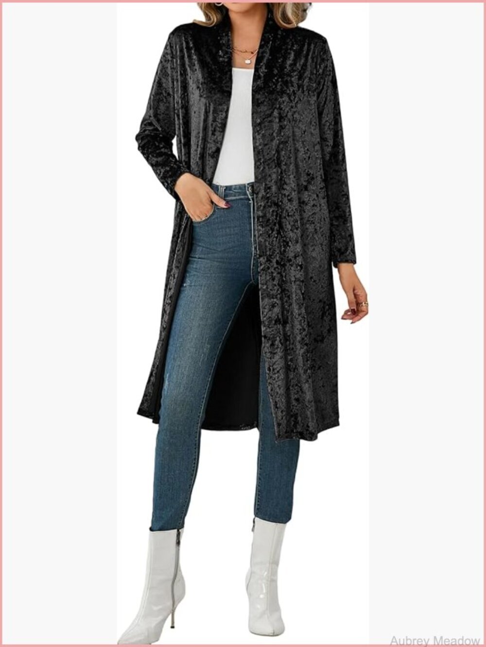 Crushed Velvet Long Cardigan Jacket Open Front Trench Coat Duster Outerwear